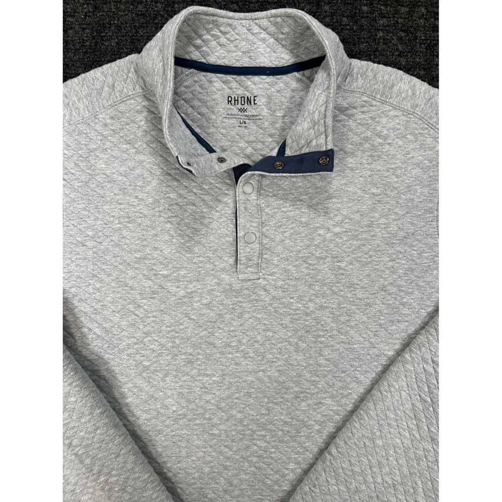 Rhone Mens Quilted Snap Neck Pullover Heather Gray Navy Trim Size Large L/G